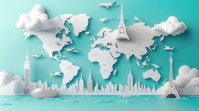 World map paper art showcasing landmarks with planes and ships in a dreamy travel theme