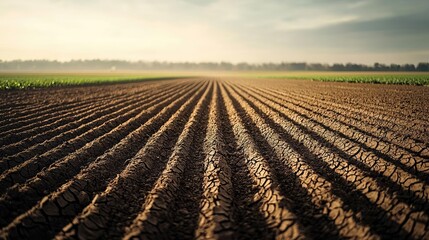 Climate change drought concept. A tranquil view of farmland with neatly plowed rows under a serene sky.