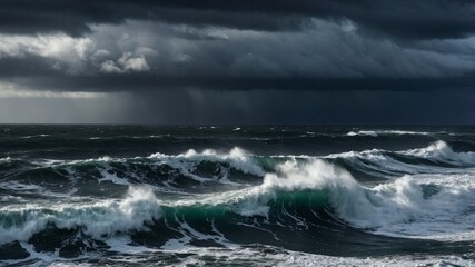 Naklejka premium A stormy ocean crashes against jagged rocks, sending powerful waves and sea spray into the air.
