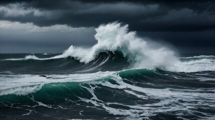 Fototapeta premium A stormy ocean crashes against jagged rocks, sending powerful waves and sea spray into the air.