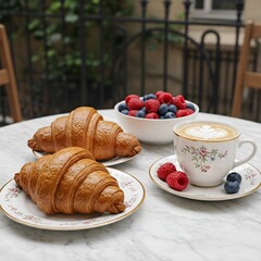 Croissants, a steaming cup of caf&eacute; au lait, and a bowl of fresh berries