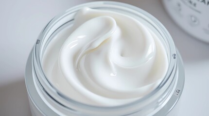 Close-up of smooth white skincare cream texture with soft lighting and clean, minimal background