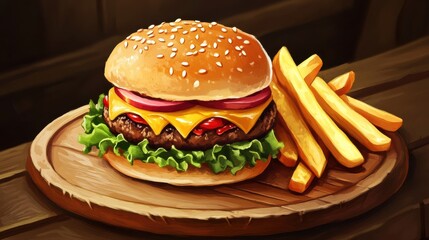 Tasty Grilled Burger with Melted Cheese and Crispy