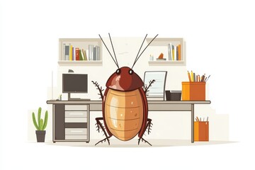 Cartoon Cockroach in Modern Office Setting with Desk and Plants