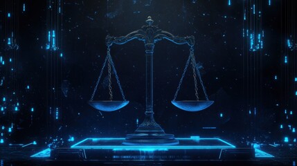 A conceptual artwork depicting the scales of justice balancing human rights and technological advancements, 