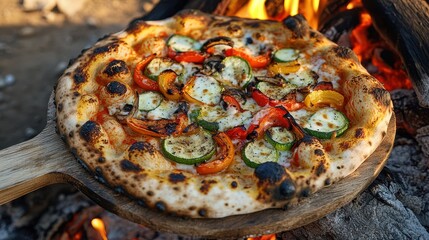 Flat lay of wood-fired pizza with roasted vegetable