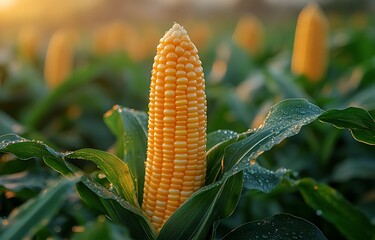 Obraz premium Ripe Corn Cob in Lush Green Field at Golden Hour Sunlight