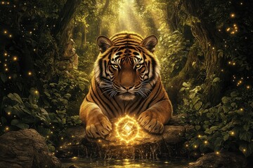 Majestic Tiger Surrounded by Enchanted Forest and Golden Glow