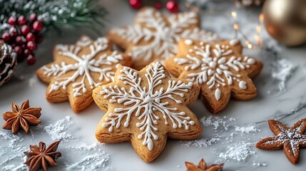 Festive snowflake-shaped gingerbread cookies with icing on marble surface.