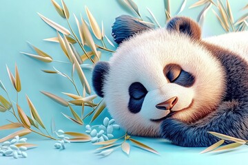 Fototapeta premium A chubby panda rolling, with bamboo leaves scattered around