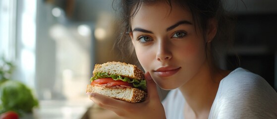 Professional Image of Young Woman Holding a Crisp Sandwich with Healthy Ingredients