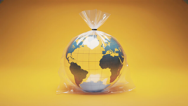 Earth Wrapped in Plastic &ndash; Symbol of Environmental Pollution and Climate Crisis, earth in plastic bag