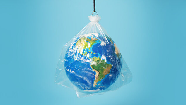 Earth Wrapped in Plastic &ndash; Symbol of Environmental Pollution and Climate Crisis, earth in plastic bag