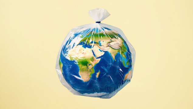 Earth Wrapped in Plastic &ndash; Symbol of Environmental Pollution and Climate Crisis, earth in plastic bag