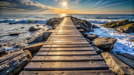 Obraz premium Wooden walkway leading to a tranquil ocean at sunset, with waves crashing against rocky shoreline