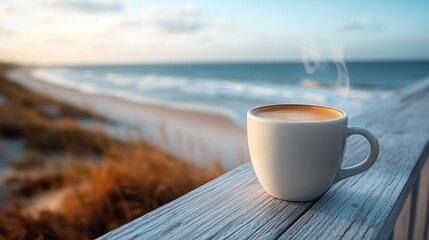 Coffee cup on wooden railing with ocean view at sunrise near beach