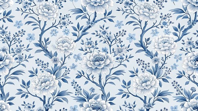 Blue and white floral pattern. Chinoiserie style.