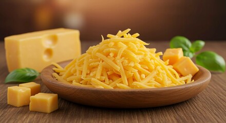 Golden cheese: block shreds and cubes with vibrant basil leaves