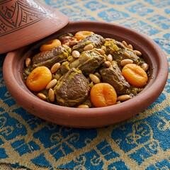 Moroccan tagine dish served in an authentic clay pot