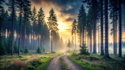 Obraz premium Serene Sunrise Path Through Misty Forest With Tall Trees