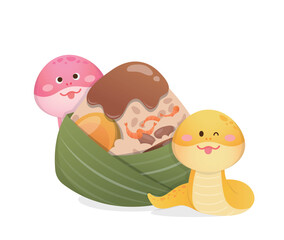 Yellow and pink snake cartoon mascot with steamed glutinous rice, Chinese food zongzi