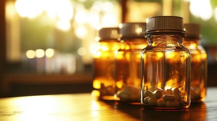 Vintage pharmacy glass bottles showcase retro design against a backdrop of modern pill packaging under warm, inviting light