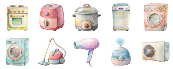 Household appliances oven, washing machine and vacuum cleaner in watercolor illustration set. Designs in pastel tones, home electronics for cooking, cleaning themes isolated on transparent background.
