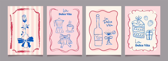 Set of vintage food poster templates with bows and graphics in ink doodle style. Hand drawn modern vector posters for dinner, interior, menu.