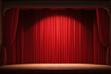 a close up of a stage with a red curtain and a wooden floor