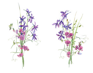 Two watercolor bouquets of wild pink and purple flowers