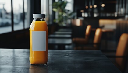 Bottle of orange liquid with blank label on a dark table inside a blurred cafe environment daytime scene