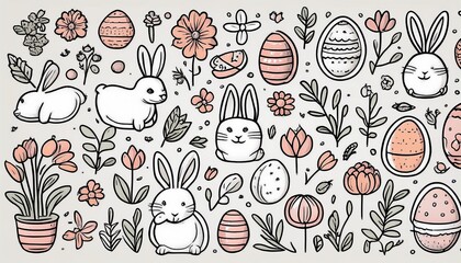 A hand-drawn Easter clipart set featuring cute doodles of Easter elements like bunnies, eggs, flowers, and baskets, perfect for festive designs and decorations.

