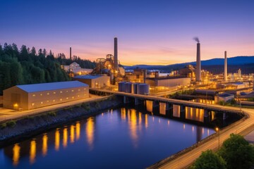 Fototapeta premium arafed factory with a river and a bridge at dusk