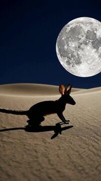Desert jerboa hopping under full moonlit night sky with dramatic shadows