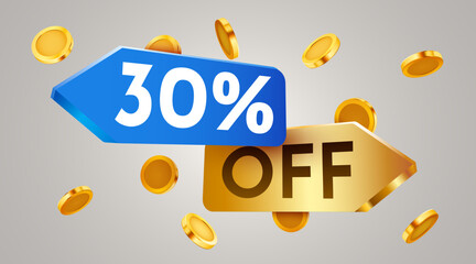 30 percent off sale label with falling golden coins. Cashback or sale concept.