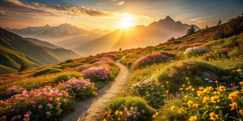 A Serene Sunset Path Winding Through Vibrant Wildflowers on a Mountainside, Bathed in Golden Light