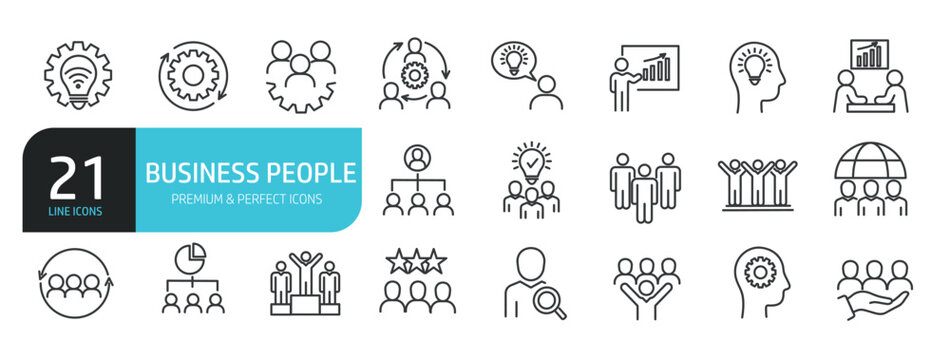 Set of line icons related business people, teamwork, employee. Outline icons collection. Editable stroke. Vector illustration