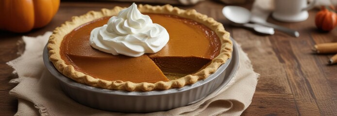 Homemade pumpkin pie with whipped cream for Thanksgiving dessert, baking, golden crust