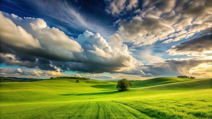 Obraz premium Serene Rolling Hillscape Under a Dramatic Sky Featuring Lush Green Fields and Solitary Trees
