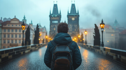 Exploring the picturesque Charles Bridge in Prague during a foggy morning with warm street lights illuminating the historic architecture