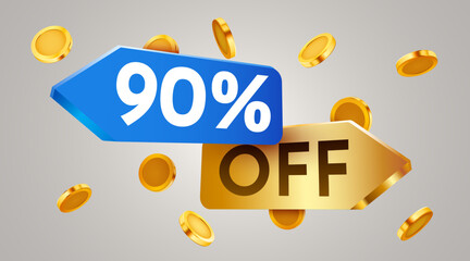 90 percent off sale label with falling golden coins. Cashback or sale concept.