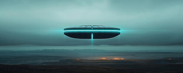 Climate change drought concept. A futuristic flying saucer hovering over a moody, atmospheric landscape.