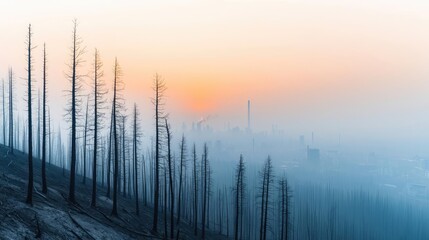 Climate change drought concept. A haunting landscape of charred trees silhouetted by a misty sunset.