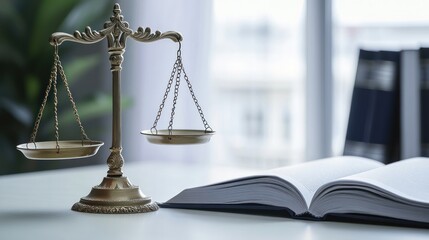 Justice scales and open law book on table by window