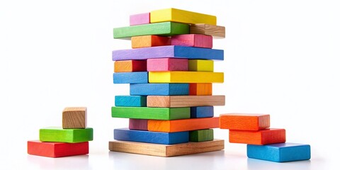 Obraz premium Wooden Block Tower Game, Isolated on White Background - Childrens Educational Toy
