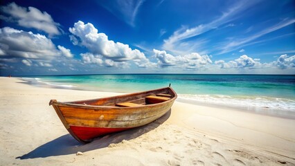 Obraz premium Wooden Rowboat Alone on Pristine White Sand Beach