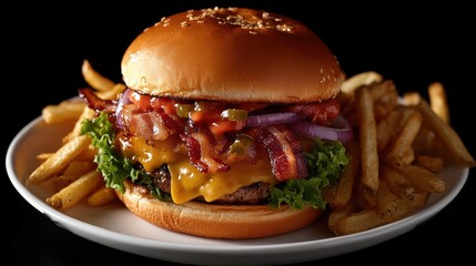 Fresh Homemade Cheeseburger with Crispy Bacon and F