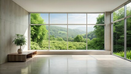 Fototapeta premium Serene minimalist interior design showcasing expansive windows with a breathtaking view of lush green hills and trees, complemented by a simple wooden console table and a potted plant