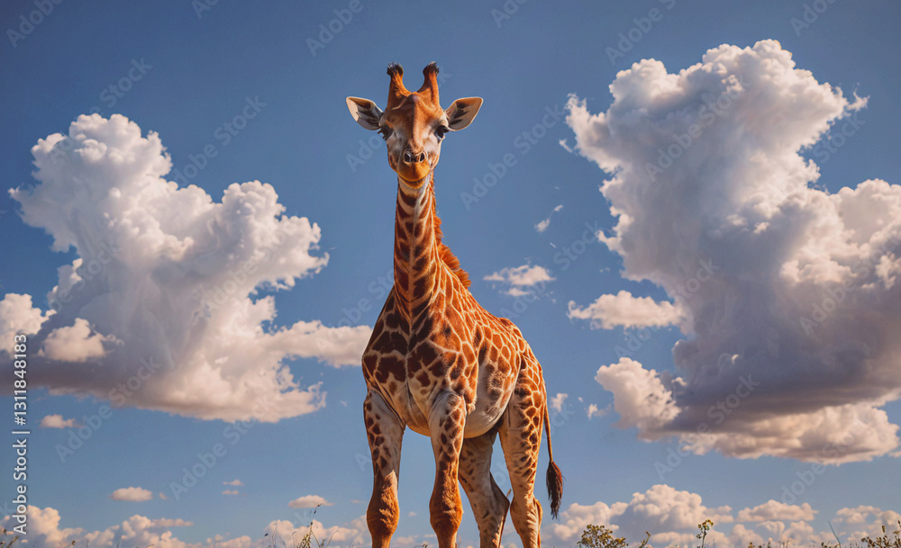 Poster giraffe stands in front of a cloudy sky. the giraffe is looking up at the sky, and the clouds are sc