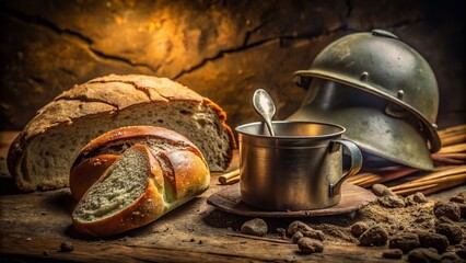 WWI Helmet & Ration Bread: A Soldier's Simple Meal, Vintage Food Photography